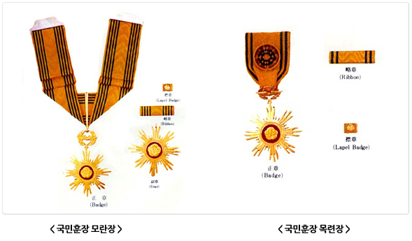 국민훈장 모란장과 목련장. 각각 정장, 부장, 약장, 금장으로 구성되어 있다.